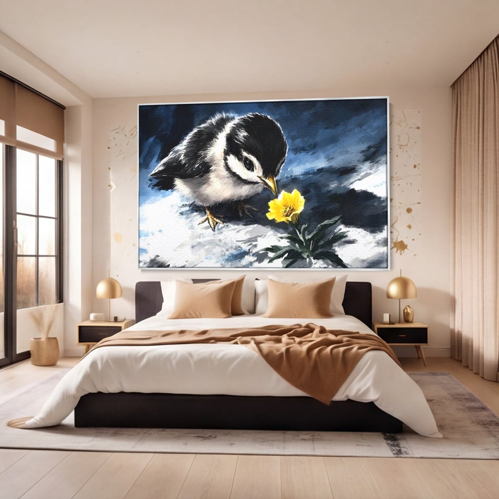 Tablou canvas cu tablou canvas cu pui de pasare si floare galbena, in rama de aluminiu argintiu, pe perete intr-un dormitor